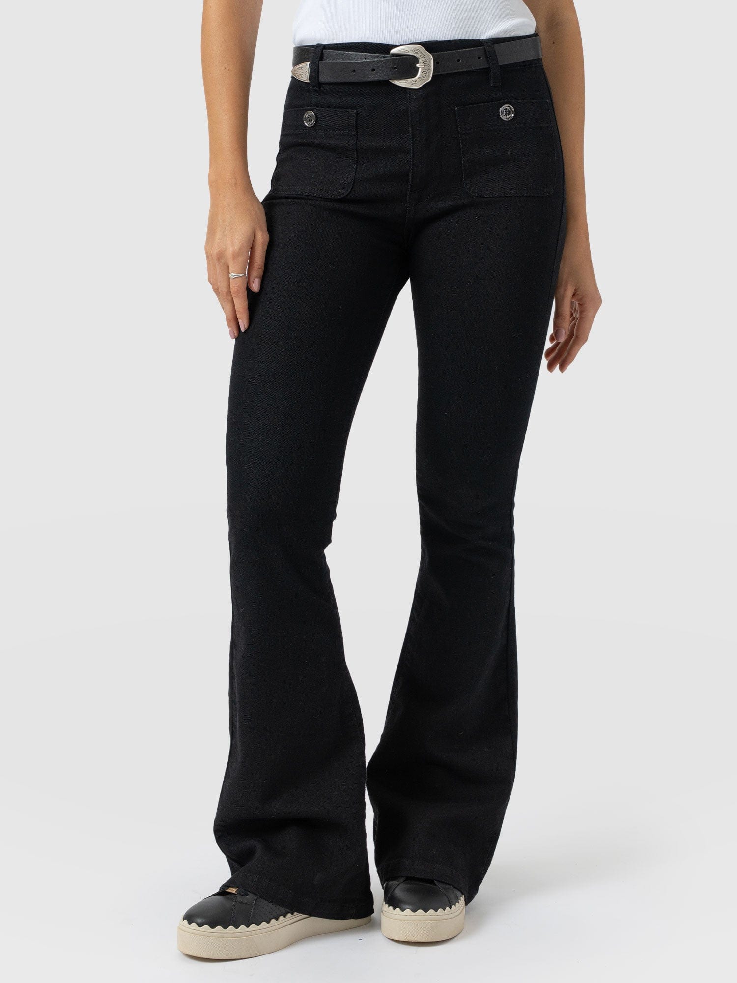 Bowie Stretch Flare Jeans - Jet Black - Women's Denims | Saint + Sofia® USA